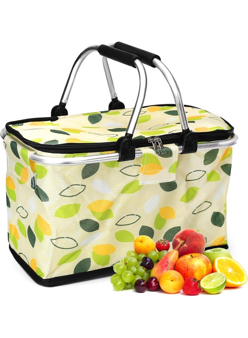 سلة نزهات حرارية معزولة قابلة للطي بسعة 30 لتر – سلة بيكنيك عائلية كبيرة بغطاء وسحاب محكم ومقبضين ألمنيوم متينين – سلة تخزين وتسوق وحفظ طعام ومشروبات ببطانة ألمنيوم مقاومة للماء – مناسبة للرحلات، التخييم، الشاطئ، الشواء، التسوق، توصيل الطعام – تصميم أوراق الشجر Green Leaf - Image 1